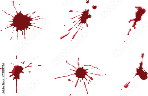Realistic red  splatter and dripping stains isolated on white background, horror texture design for Halloween, crime scene, forensic artwork