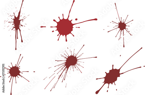 Realistic red  splatter and dripping stains isolated on white background, horror texture for crime scene, Halloween design, artistic effect