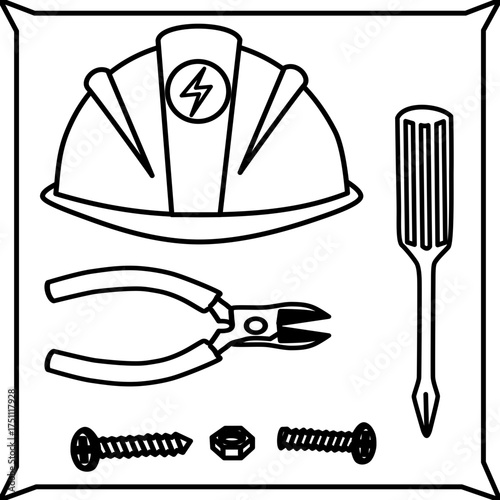 Helmet with Lightning Symbol, Phillips Screwdriver, Wire Cutter Plier, Screws, and Nut in Retro Black and White Vector Style as Crucial Electrician Hand Tools for Installation, Repair, and Maintenance