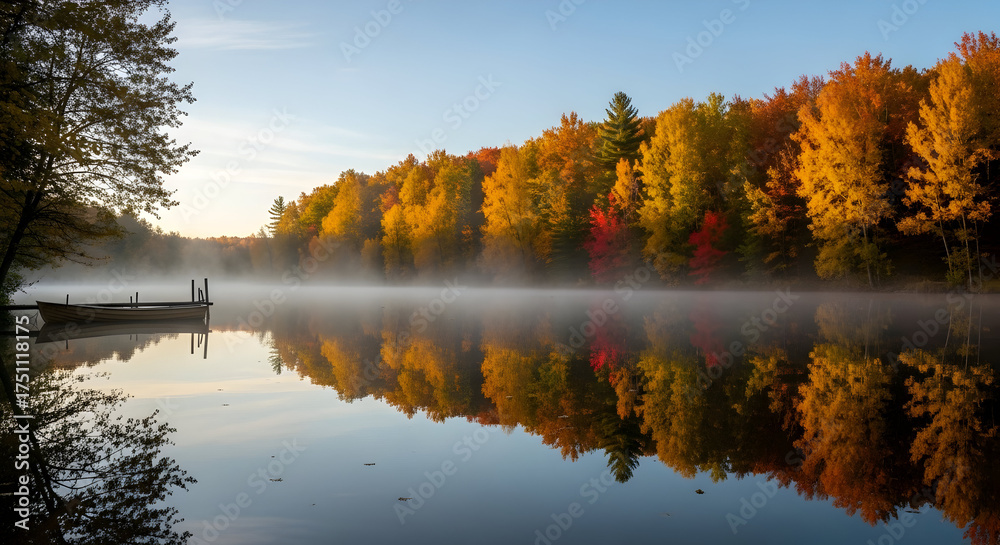 Obraz premium Misty Lake Reflecting Colorful Autumn Trees at Sunrise