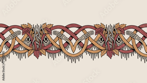 Halloween Skeleton Border with Leaves and Celtic Design