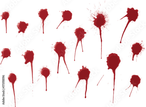 Realistic red dripping stains on white background, horror splatter texture for Halloween, crime scene design, spooky forensic artwork
