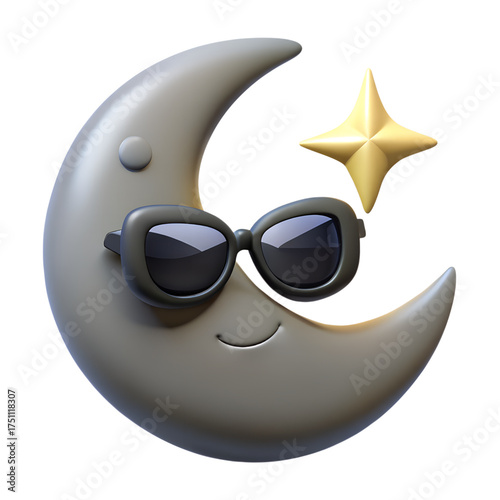 3D crescent moon emoji with sunglasses smiling face and glowing star representing calm nighttime vibes and celestial fun