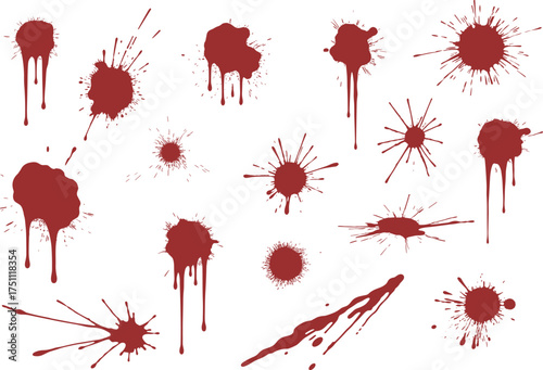 Realistic red dripping stains on white background, horror splatter texture for Halloween, crime scene design, spooky forensic artwork