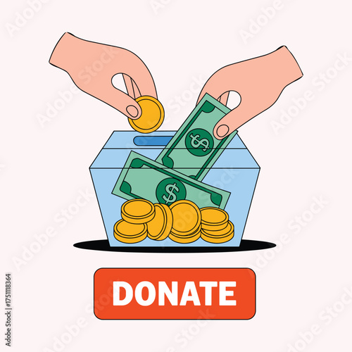 Hands Donating Money and Coins into a Transparent Box donate donation.