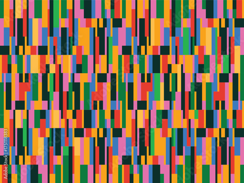 Colorful abstract pattern featuring geometric rectangles in pink, orange, blue, green, and dark teal, perfect for modern textile designs or vibrant backgrounds.