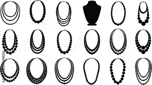 Necklace silhouettes jewelry collection, fashion accessories vector artwork, elegant beaded chains illustration, stylish ornaments design, cad drawing flat vector illustration for fashion catalog