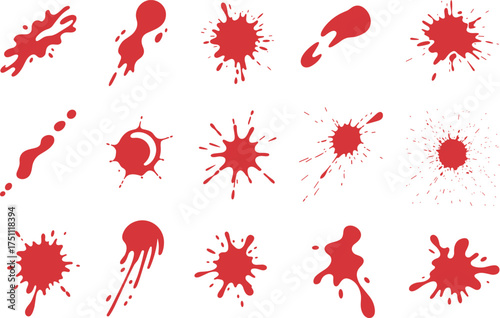 Red  splatter collection on white background, isolated dripping stains and splashes for horror art, Halloween design, crime scene texture