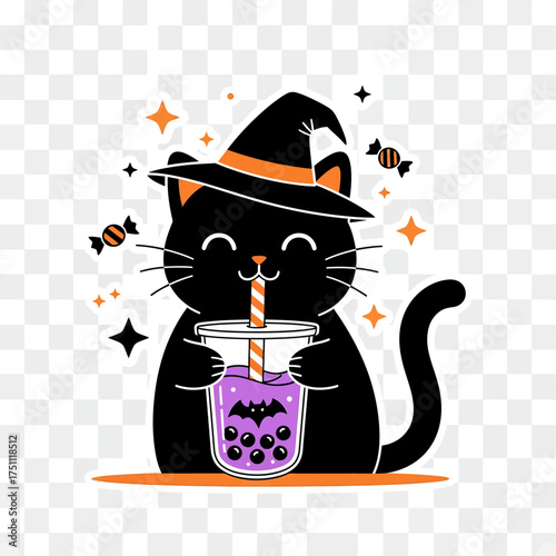 A cute black cat wearing a witch hat drinks a purple bubble tea with a bat design on Halloween.
