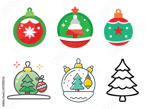 Vector art of collection of christmas ornaments and tree icons