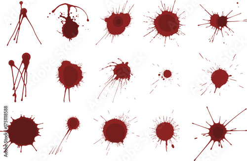 Red  splatter collection on white background, isolated dripping stains and splashes for horror art, Halloween design, crime scene texture