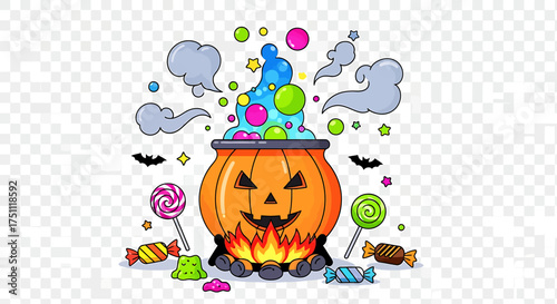 Cartoon Halloween pumpkin cauldron brewing colorful potion with candies and bats around a fire.