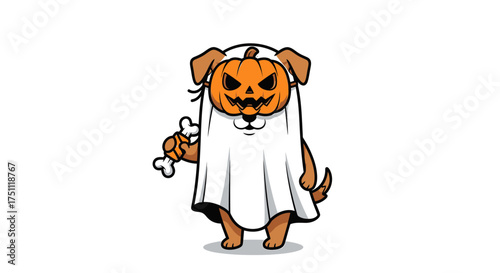 A cute cartoon dog wearing a ghost costume and a jack-o'-lantern pumpkin head, holding a bone for Halloween.