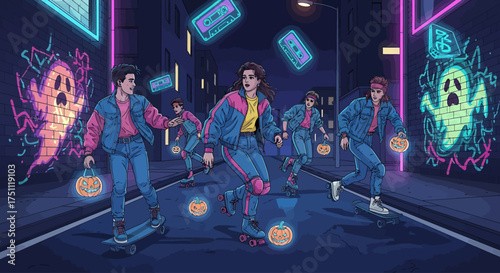 Retro 80s Halloween: People in neon outfits skate down a street with ghost graffiti.