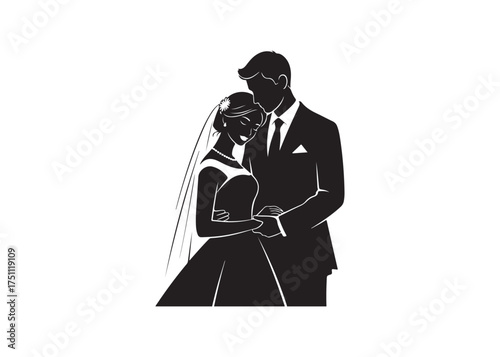 Vector art of silhouette of a bride and groom embracing