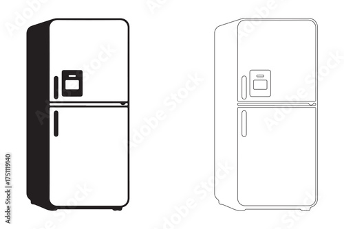 Refrigerator Illustration in Black and White Line Art Style Modern Kitchen Appliance with Water Dispenser and Freezer Compartment