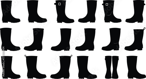 Rubber boots silhouettes collection, footwear vector artwork, rain shoes illustration, waterproof fashion design, outdoor gardening boots, cad drawing flat vector 