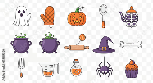 Halloween themed icons: ghost, pumpkin, witch hat, spider, cauldron, cupcake.
