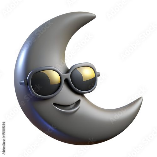 3D moon character with yellow reflective sunglasses and curved smile isolated on transparent background for nighttime graphics