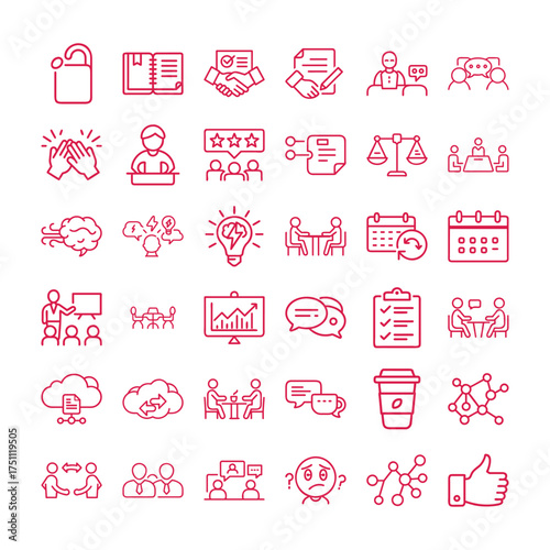 Meeting Outline Vector Icon Set – Business Communication, Teamwork, and Collaboration Icons Collection