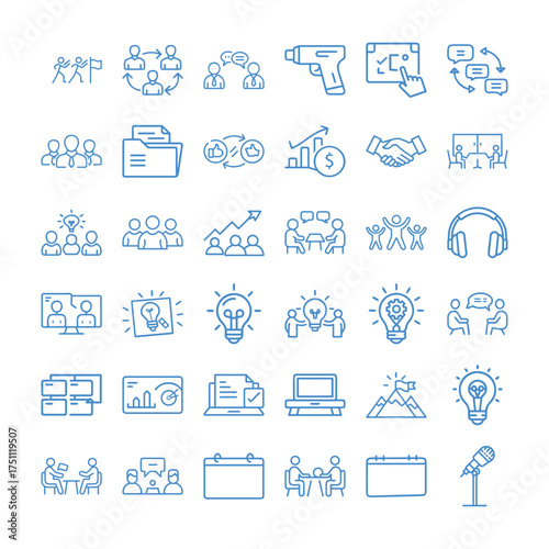 Meeting Outline Vector Icon Set – Business Communication, Teamwork, and Collaboration Icons Collection
