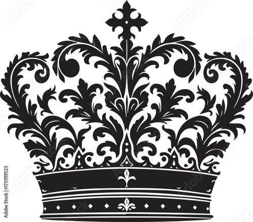 Elegant ornate crown design perfect for luxurious branding and royal themed projects, conveying power and sophistication in black and white