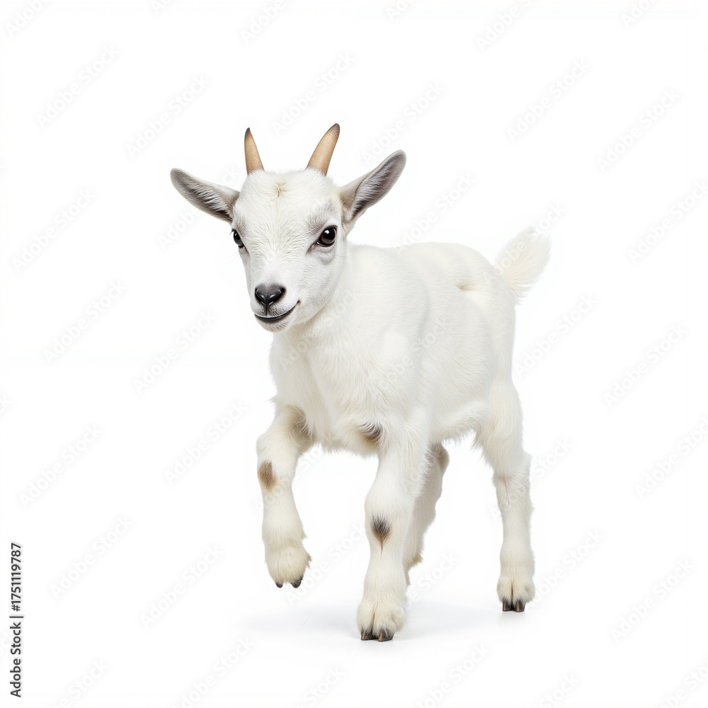 Fototapeta premium A small white goat runs playfully, isolated on a transparent background.