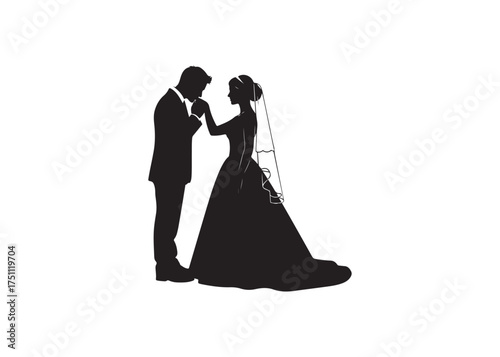 Vector art of silhouette of a groom kissing brides hand