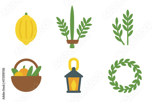 Flat geometric vector icons of Sukkot symbols and elements  