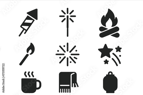 Iconic symbols of Bonfire Night including fireworks and campfire  