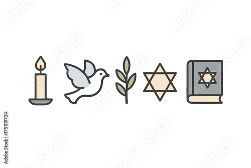 Line icons representing Yom Kippur symbols and traditions  