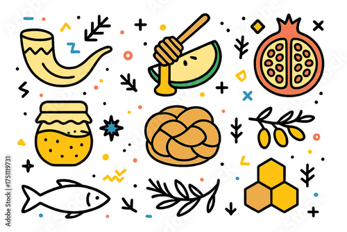 Memphis-style doodle icons of Rosh Hashanah symbols and items  
