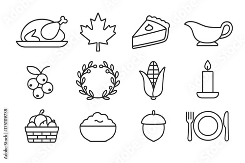 Outline icons of Canadian Thanksgiving food and symbols  