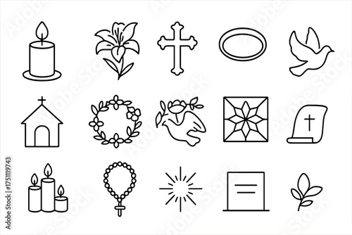Religious symbols including candles, crosses, and flowers in line art  