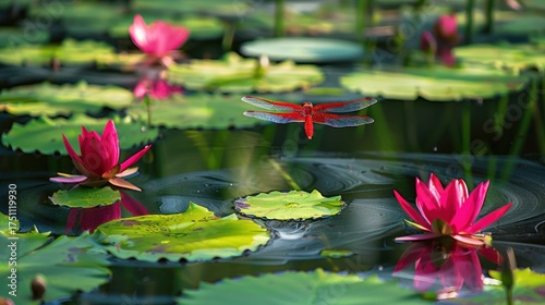 Red Dragonfly Flying Over Pink Water Lilies in Calm Pond