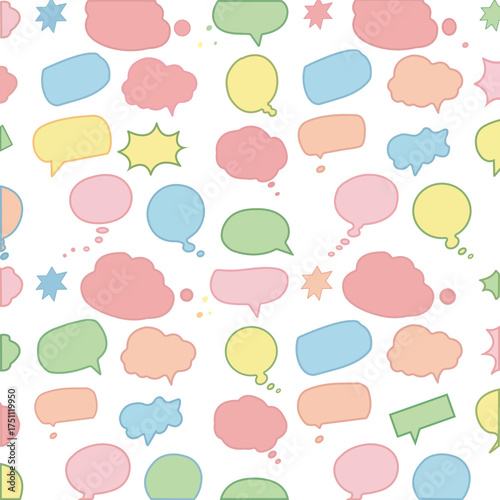 Seamless pattern of pastel colored speech bubbles and stars on a white background
