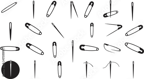 Sewing needles and safety pins silhouettes collection, tailoring tools vector artwork, fashion accessory illustration, textile design elements, cad drawing flat vector illustration