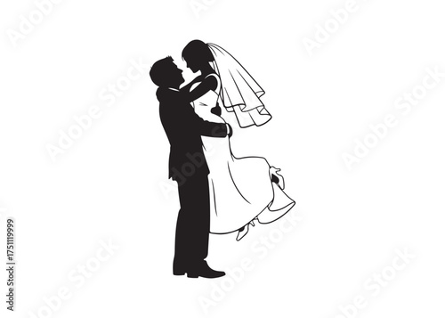 Vector art of silhouette of a groom carrying his bride
