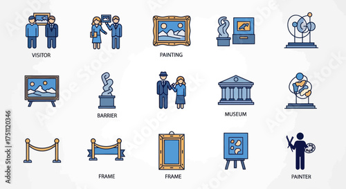 Art gallery icons representing various artistic elements and visitors in a museum setting.
