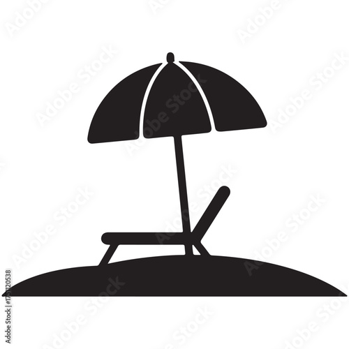 Silhouette of beach chair and umbrella on sand for summer vacation relaxation and holiday getaway themes graphic design element vector illustration