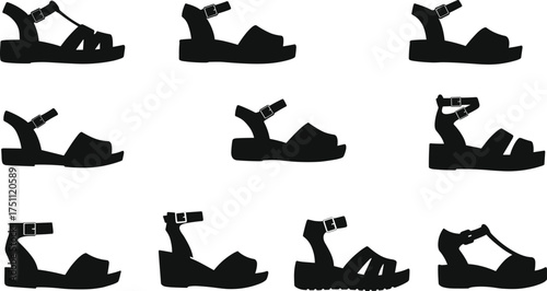 Silhouette collection of stylish women sandals, fashion footwear design, summer shoes variety, isolated black sandal icons, vector illustration set