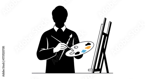 Artist holding palette and brush in front of easel.
