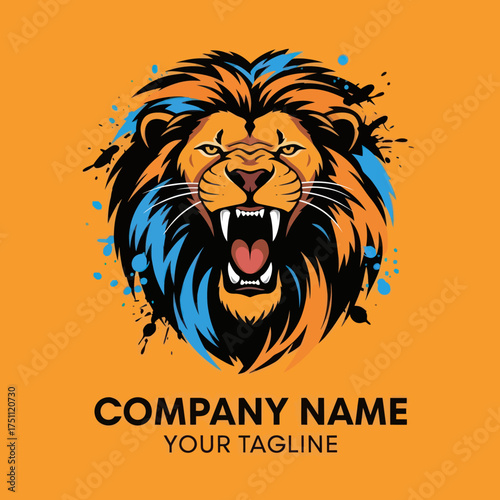 Majestic lion head logo design with vibrant colors and fierce expression.