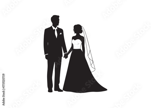 Vector art of silhouette of a bride and groom holding hands