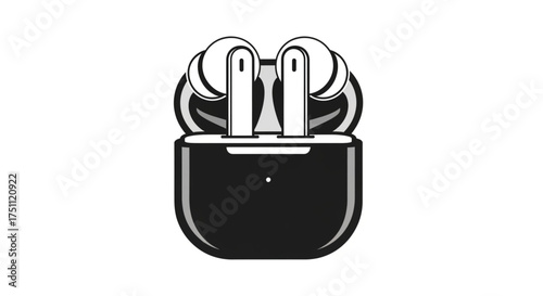 Black wireless earbuds in charging case portable audio device for listening to music, podcasts, and making calls