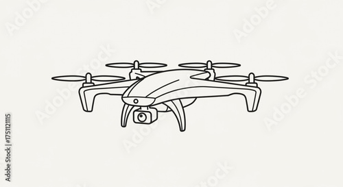 Minimalist line art illustration of a drone, featuring a quadcopter design with camera