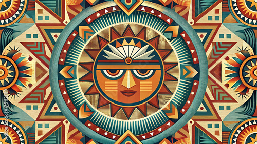 Hopi Sun Kachina Pattern, Southwestern Pueblo Geometric Sunface Mandala in Turquoise and Terracotta, Seamless Tribal Background for Textile, Wallpaper, Fabric, Print and Home Decor