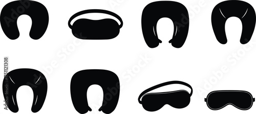 Travel neck pillows and sleep masks silhouettes collection, comfort accessories vector artwork, airplane sleeping design illustration, stylish travel rest tools, cad drawing flat vector illustratior