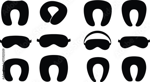 Travel neck pillows and sleep masks silhouettes collection, comfort accessories vector artwork, airplane sleeping design illustration, cad drawing flat vector illustrationTravel neck pillows and sleep