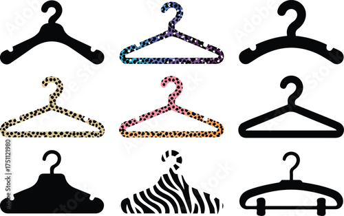 Collection of nine diverse clothes hangers showcasing variety and style